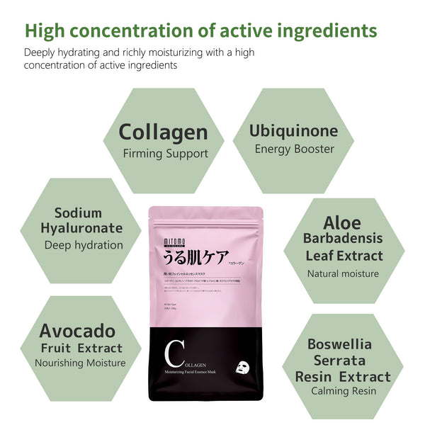MITOMO SKIN CARE Moisturizing Facial Essence Mask.Deep Hydration with Hyaluronic Acid & Collagen, 30 Sheets【MTSA00505-E-1】