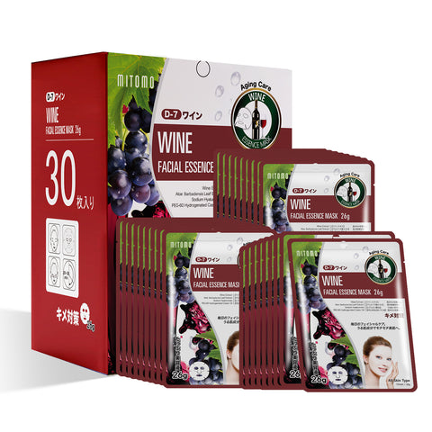 A box and individual sachets of MITOMO Natural Wine Facial Essence Mask with grape imagery, indicating a skincare product designed to rejuvenate the skin with wine extracts.