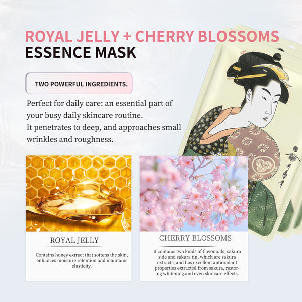 Mitomo Royal Jelly + Cherry Blossom Essence Mask | 30 Sheets | Nourishing & Brightening Care [JPSS00604-A-1x003]
