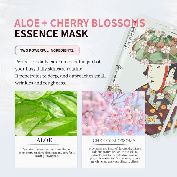 Mitomo Aloe + Cherry Blossom Facial Essence Mask | 30 Sheets | Soothing & Brightening Care [JPSS00604-A-2x003]