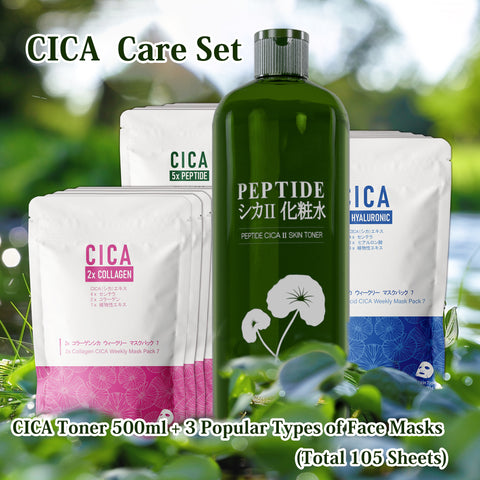 MITOMO Peptide CICA Toner (1 Bottle) + 3 Types of Face Masks × 5 Packs Each (Total 105 Sheets) | Perfect for Daily Care & Intense Hydration【LIMIT-CC500+ABC100】
