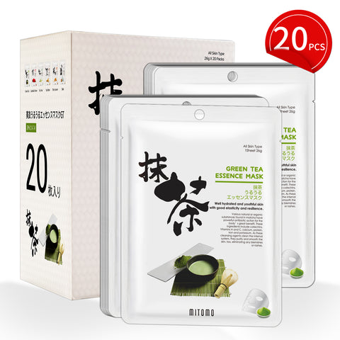 Mitomo Green Tea Facial Essence Mask | 20 Sheets | Soothing & Antioxidant Care [JPSS00612-C-0x002]